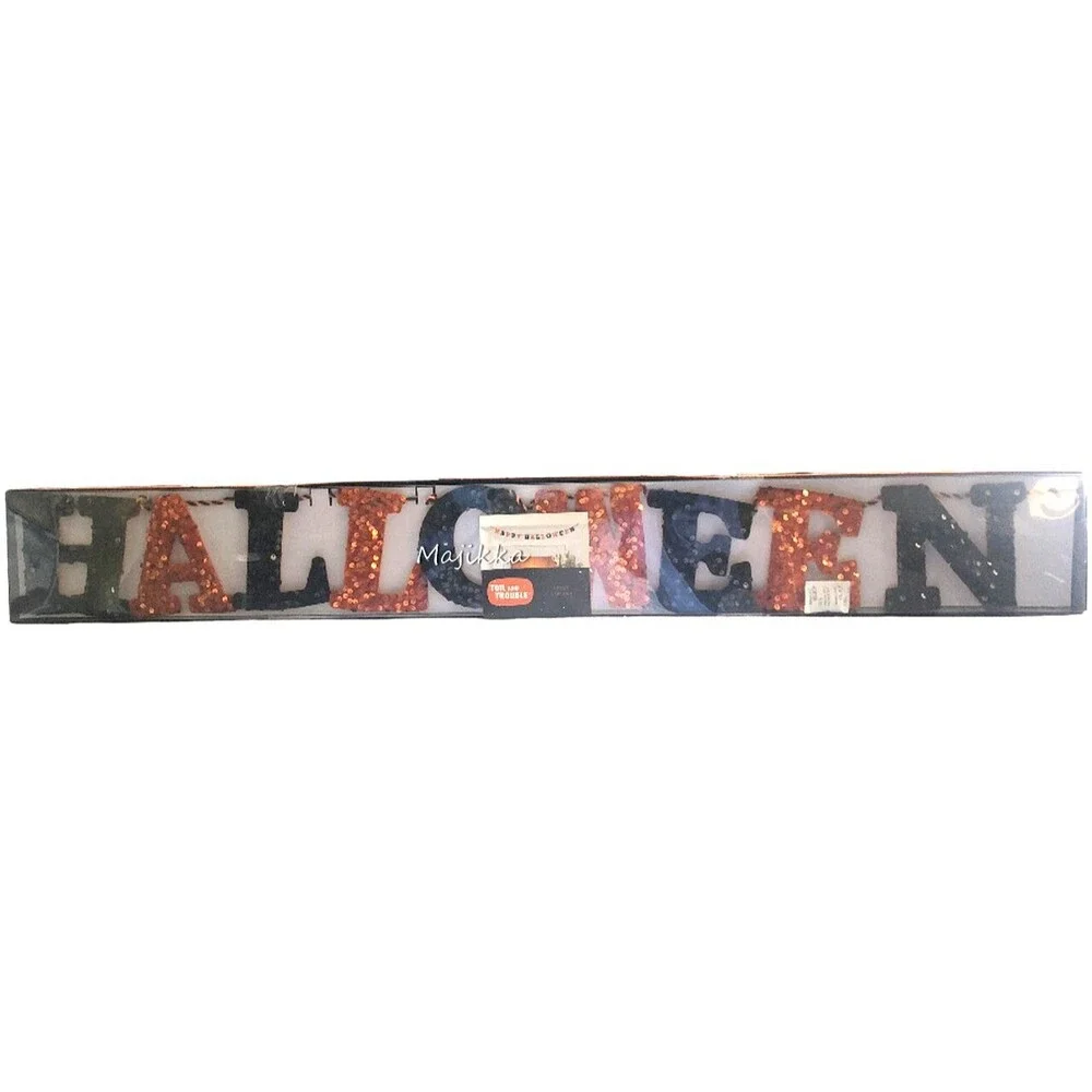 Toil & Trouble Halloween Banner 6' Long Garland Sequin Velvet Black Orange